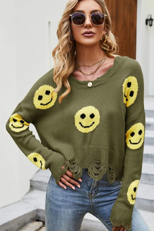 Puffer Jackets Smiley Face Distressed Round Neck Sweater