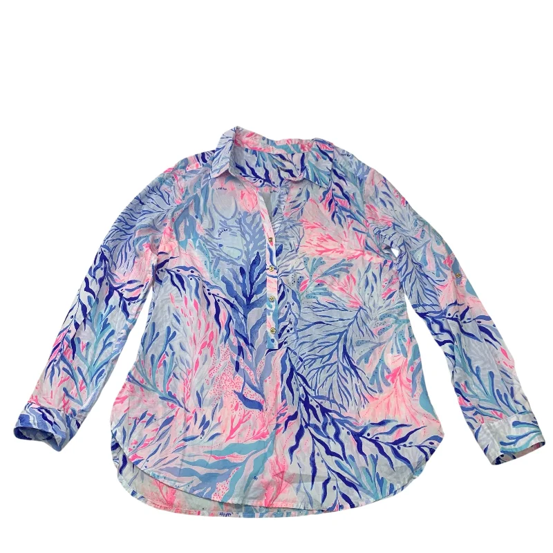 Smart Casual Top Long Sleeve Designer By Lilly Pulitzer In Blue & Pink, Size: M