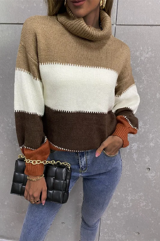 Sporty Suits Color Block Lantern Sleeve Turtleneck Sweater