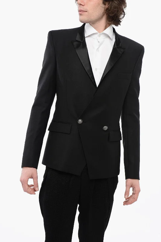 Trench Coats Balmain Double-Breasted Wool Blazer With Satin Peak Lapel