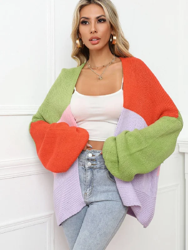 Retro Style Color Block Open Front Balloon Sleeve Longline Cardigan