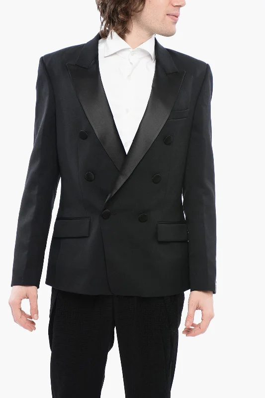 Wool Suits Balmain Double-Breasted Stretch Wool Blazer With Satin Lapel