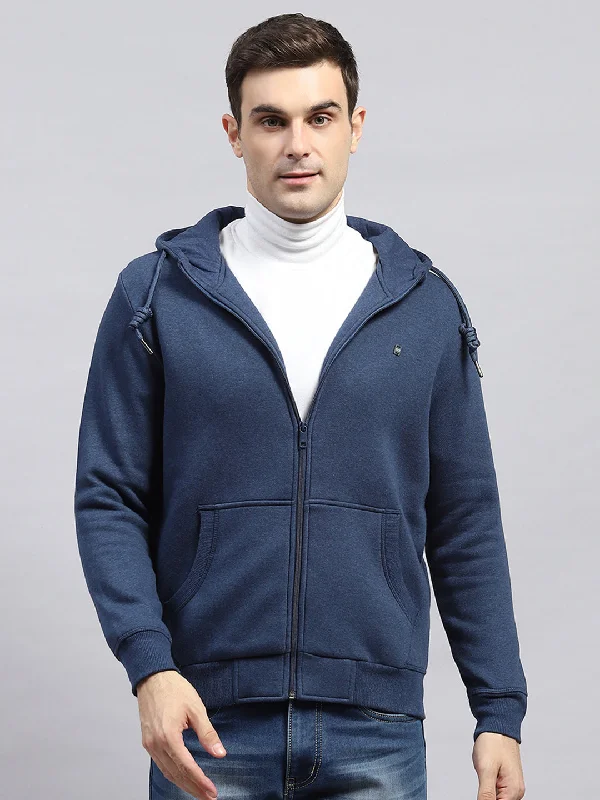 Bomber Jackets Men Blue Solid Hooded Full Sleeve Sweatshirt