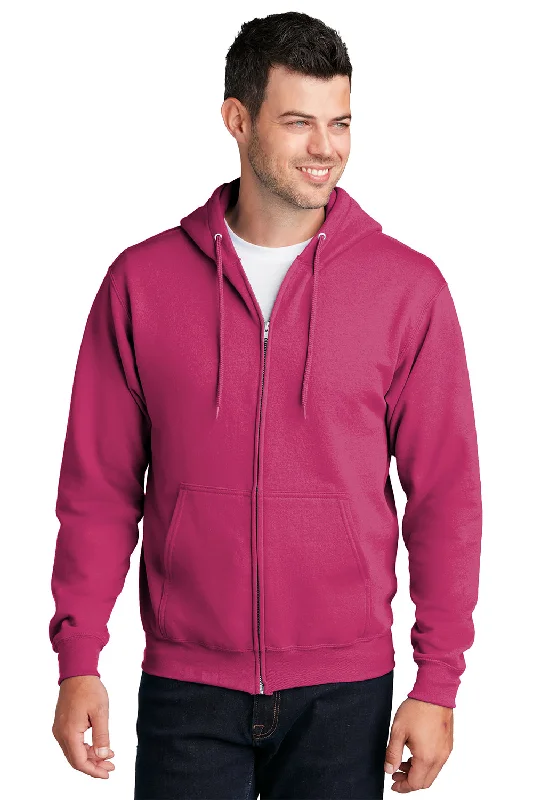 Stylish Joggers Port & Company Mens Core Pill Resistant Fleece Full Zip Hooded Sweatshirt Hoodie w/ Pockets - Sangria Pink