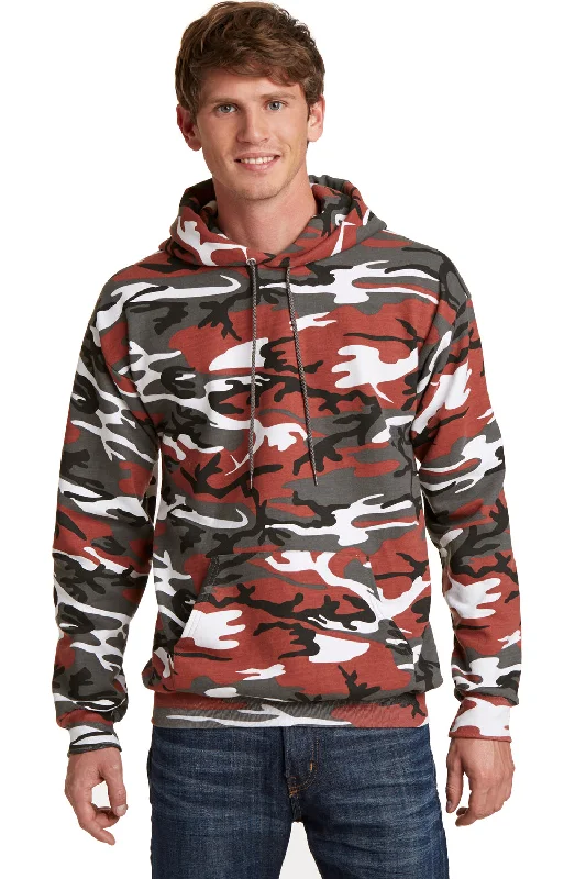 Long Trench Coats Port & Company Mens Core Pill Resistant Fleece Hooded Sweatshirt Hoodie w/ Pouch Pocket - Red Camo