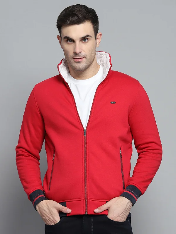 Dress Shoes Men Red Solid Collar Full Sleeve Sweatshirt