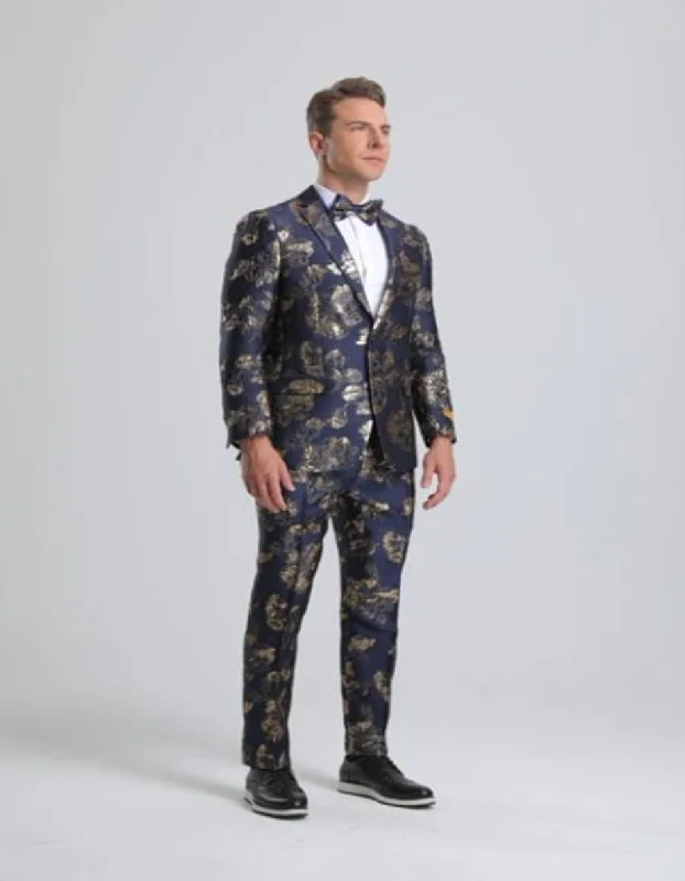 Cozy Fit Paisley Suits - Wedding Tuxedo - Groom Gold ~ Navy Blue Suit + Matching Bowtie