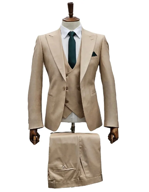 Street Shorts Giovanni Testi Suits With Double Breasted Vest - 3 Pieces Suit Tan Peak Lapel Suit