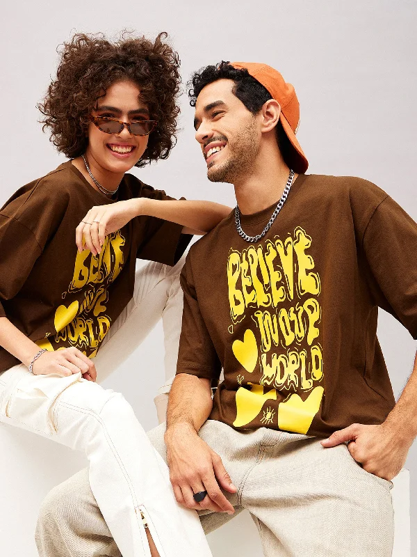 Sporty Look Unisex Brown BELIEVE Oversized T-Shirt