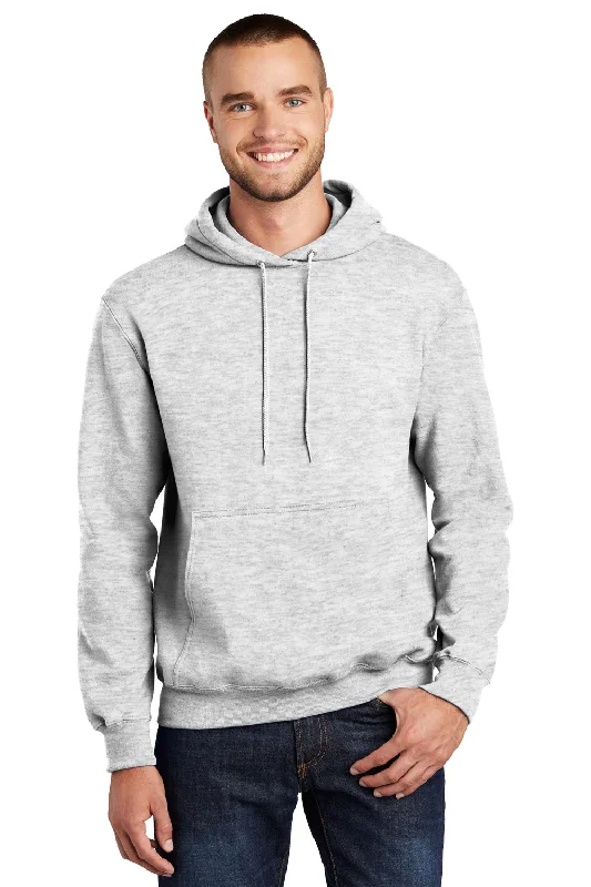 Lounge Wear Port & Company Mens Essential Pill Resistant Fleece Hooded Sweatshirt Hoodie w/ Pouch Pocket - Ash Grey