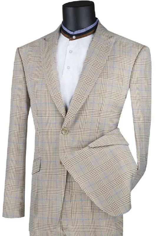 Designer Scarves Mens 2 Button Modern Fit Peak Lapel Plaid Suit in Tan