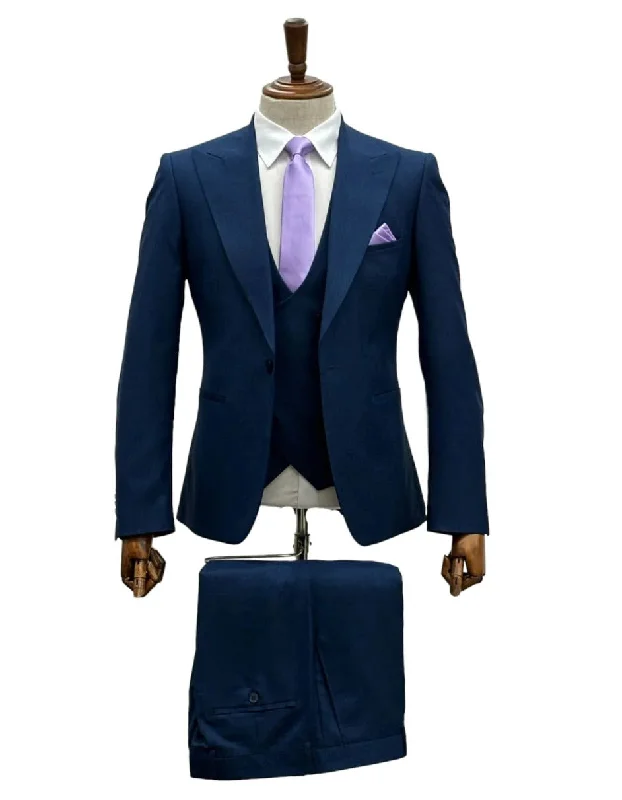 High-neck Sweaters Giovanni Testi Suits With Double Breasted Vest - 3 Pieces Navy Peak Lapel Suit