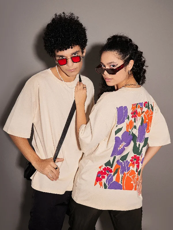 Retro Style Unisex Beige Floral Back Print Oversized T-Shirt