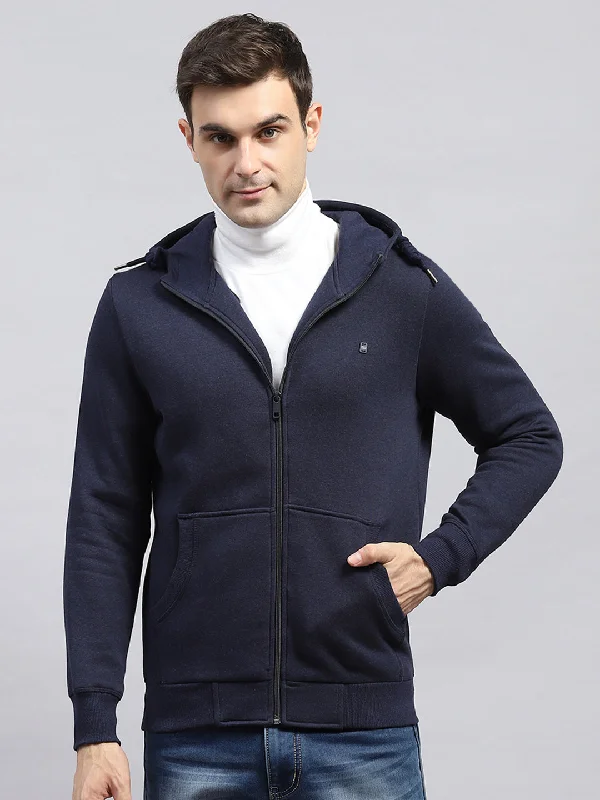 Printed Jackets Men Navy Blue Solid Hooded Full Sleeve Sweatshirt