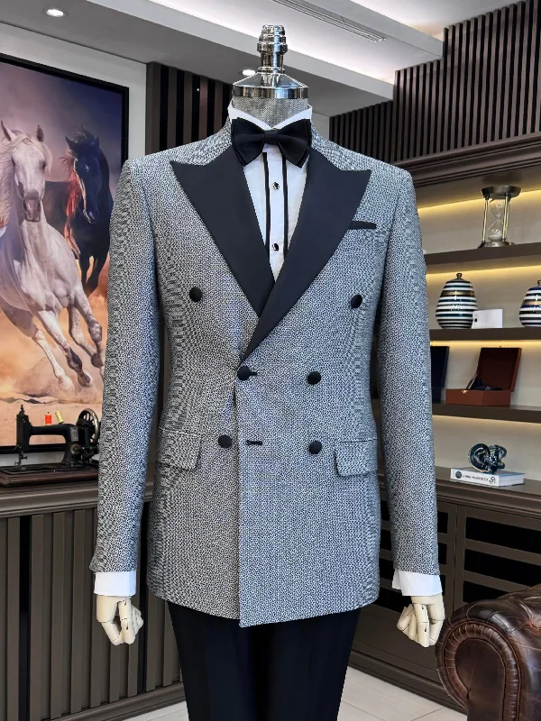 Quilted Jackets Grey Double Breasted Tuxedo 2-Piece