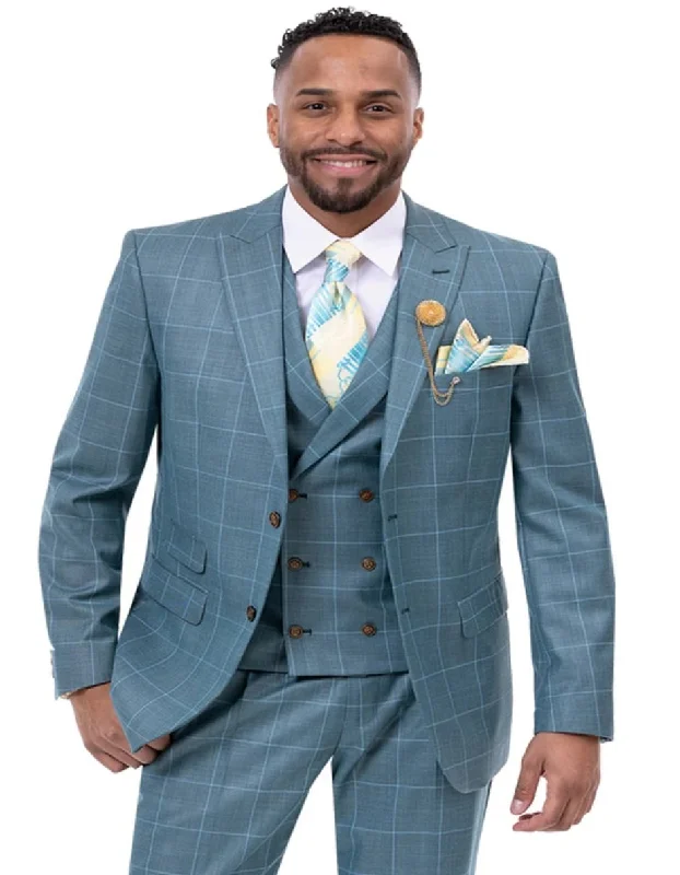 Cool Hoodies Mens Two Button Peak Lapel Vested Fashion Teal Blue Windowpane Plaid Suit