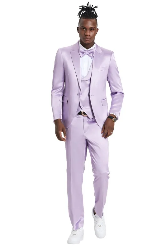 Funky T-shirts Men's One Button Vested Shiny Satin Sharkskin Prom & Wedding Lavender Party Suit