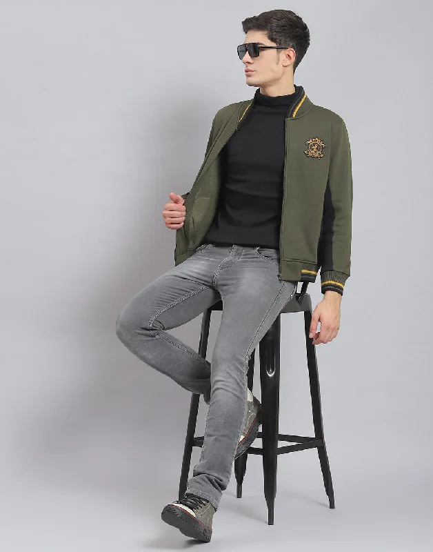 Layered Jackets Men Olive Solid Mandarin Collar Full Sleeve Sweatshirt