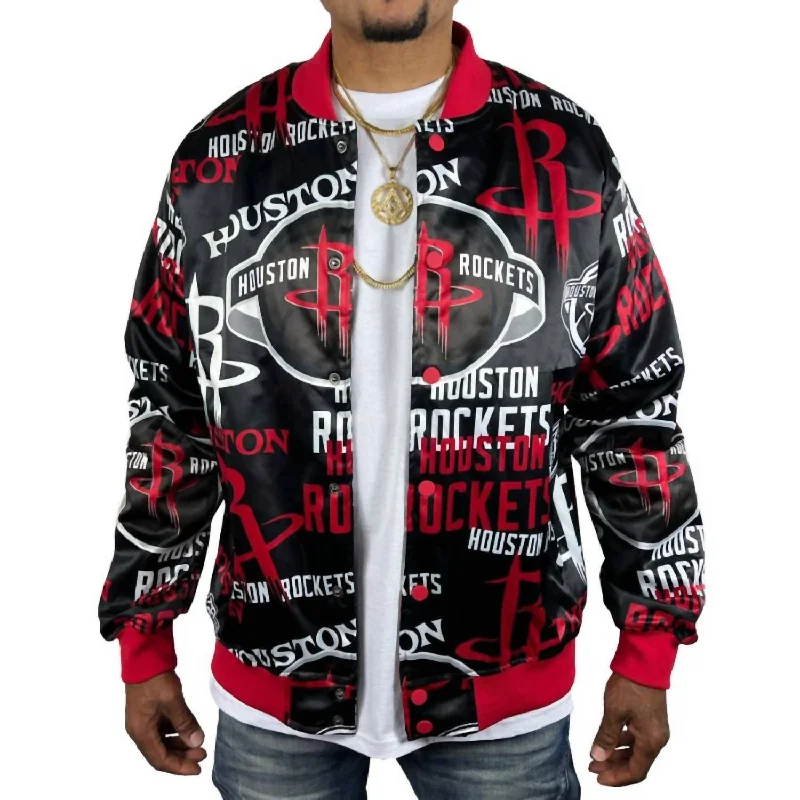 Outdoor Wear Men's Houston Rockets All Over Print Satin Jacket In Black