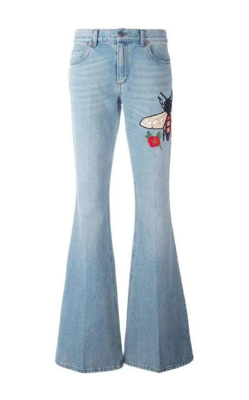 Printed Trousers Fly Embroidered Flared Cotton Jeans