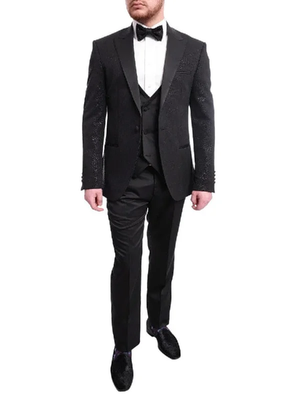 Denim Shirts Cemden Slim Fit Black Sparkled One Button Three Piece Tuxedo Suit