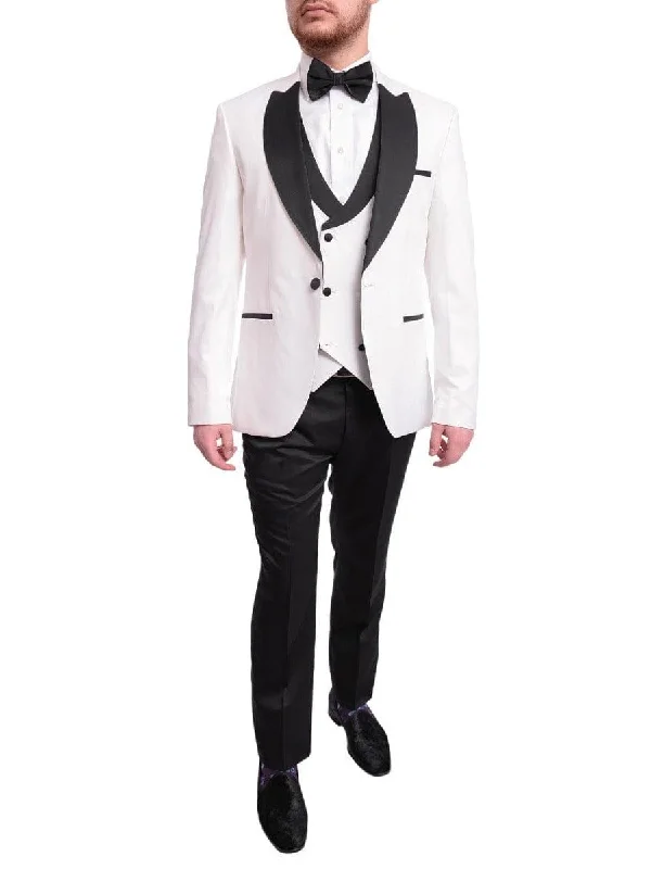 Sporty Blazers Cemden Slim Fit Textured White One Button Three Piece Tuxedo Suit