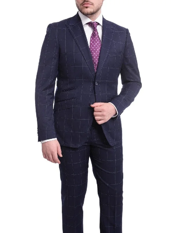 Slim-fit Trousers Ideal Slim Fit Blue With Light Blue Windowpane Wool Suit With Ticket Pocket