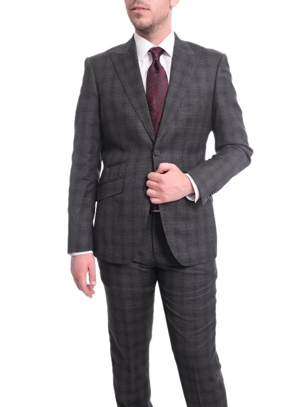 Soft Fabrics Ideal Slim Fit Gray Plaid Windowpane Two Button Wool Suit With Peak Lapels