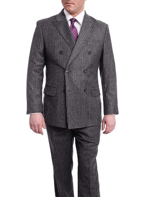 Cool Hoodies Men's Arthur Black Classic Fit Gray Striped Double Breasted Pleated Wool Suit