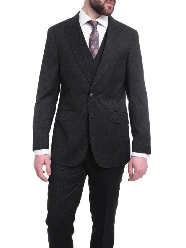 Layered Jackets Men's Arthur Black Slim Fit Solid Gray Two Button 3 Piece Wool Peak Lapels Suit