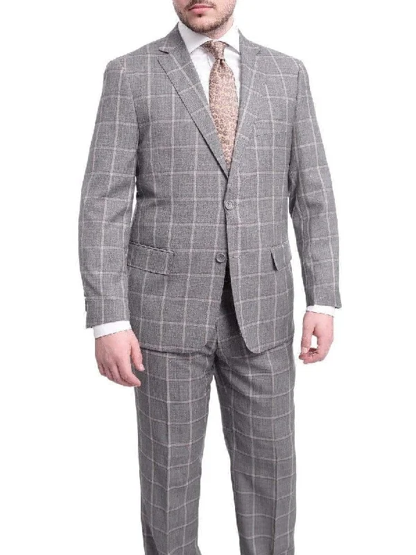 Sportswear Styles Mens Classic Fit Gray Step With Gray & Taupe Windowpane Two Button Wool Suit