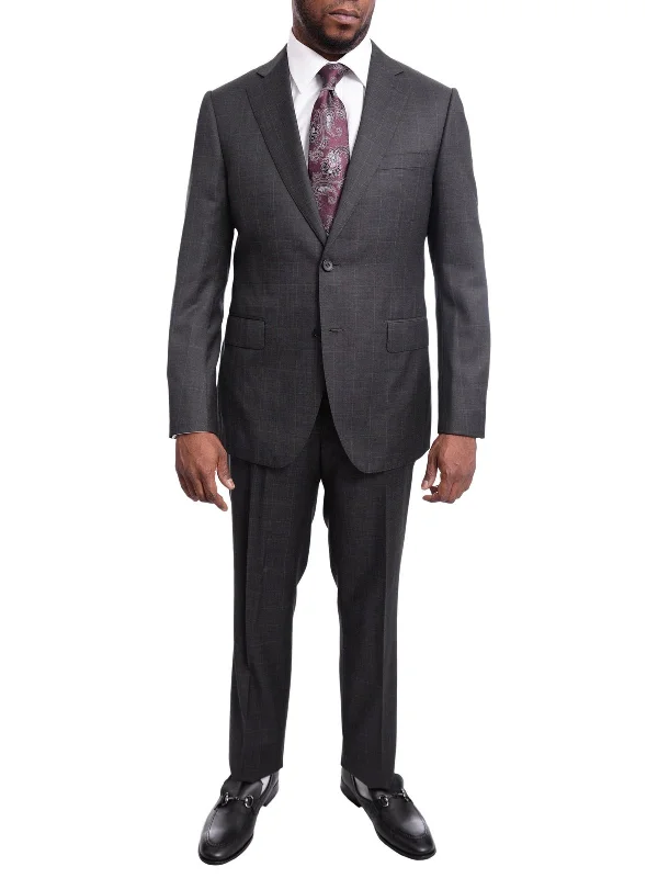 Preppy Pants Napoli Slim Fit Charcoal Gray Windowpane Two Button Half Canvassed Wool Suit