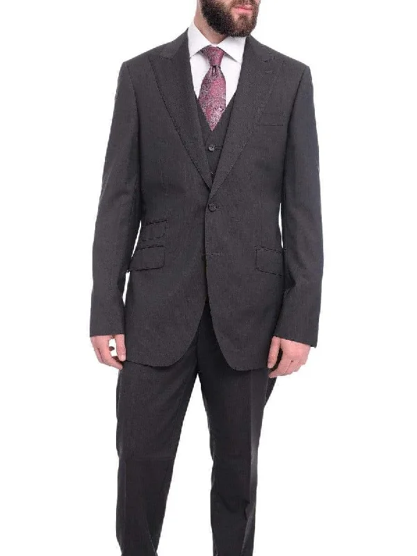 Stylish Sweaters Napoli Slim Fit Navy Blue Pinstripe Two Button Wool Suit With Wide Peak Lapels