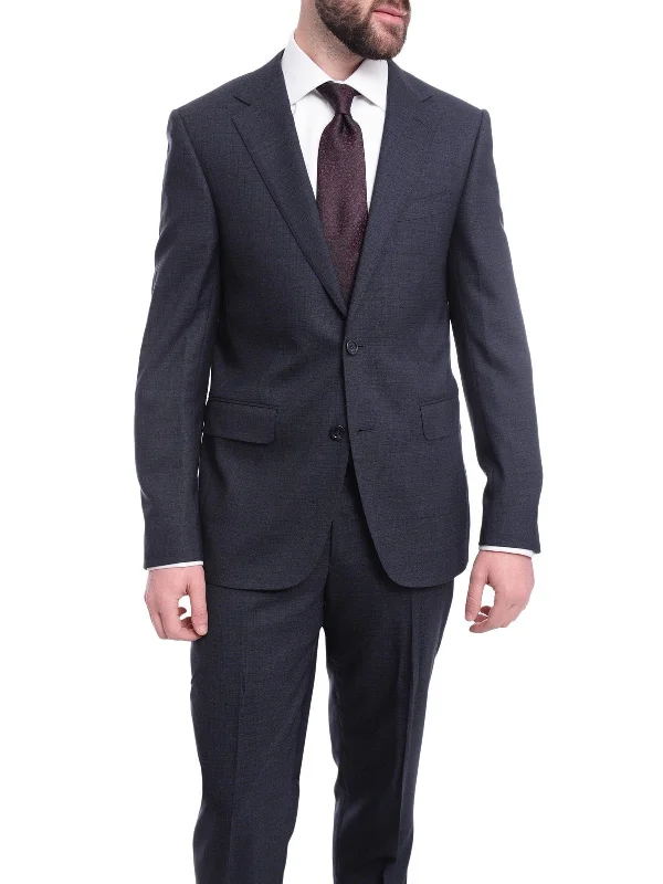 Tech Jackets Napoli Slim Fit Navy Blue Textured Check Two Button Half Canvassed Wool Suit