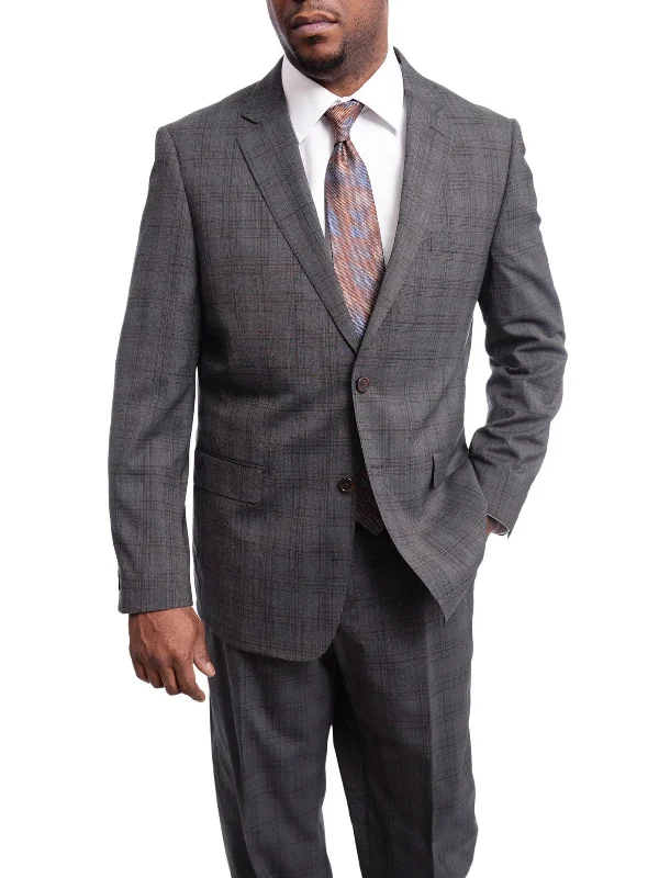 Wool Suits Steven Land Classic Fit Gray Textured Windowpane Two Button Wool Suit